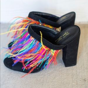 Multi Color Faux Feather Suede Mule - Worn Once
